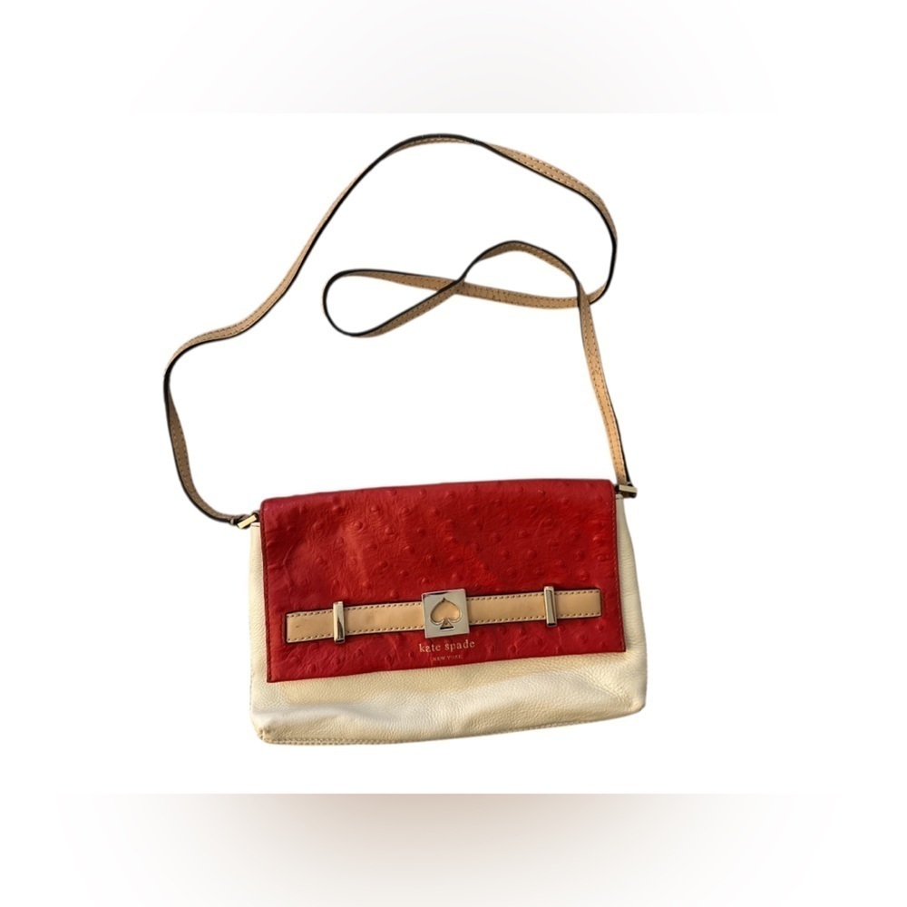 Kate Spade Houston Street Red & Cream Loula Ostrich Leather Snap Small Crossbody